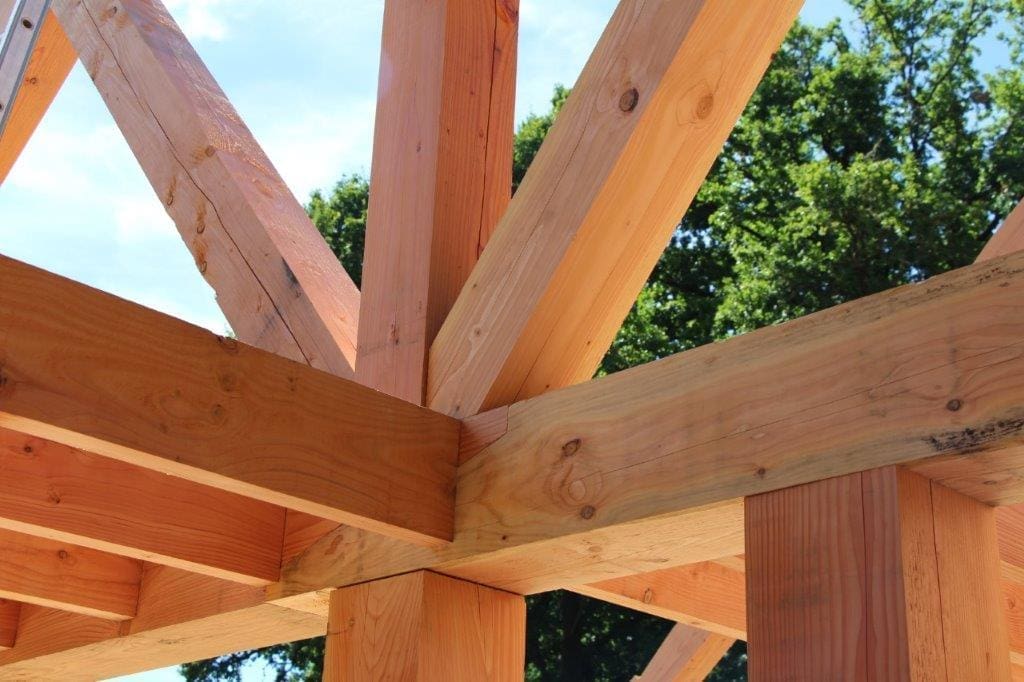 Close-up of the oak joints during assembly