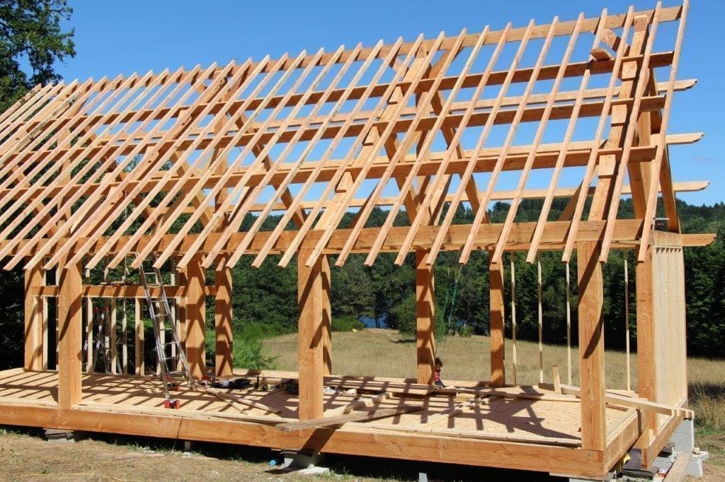 Oak roof truss being erected on site