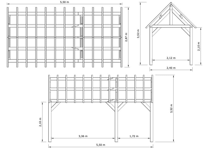 Brighton Pine Garden Building – Compact Charm in a Light Timber – 5.5 × 2.87 m 2 Brighton Oak-Framed Garden Building – technical drawing: floor plan, cross-section and side elevation