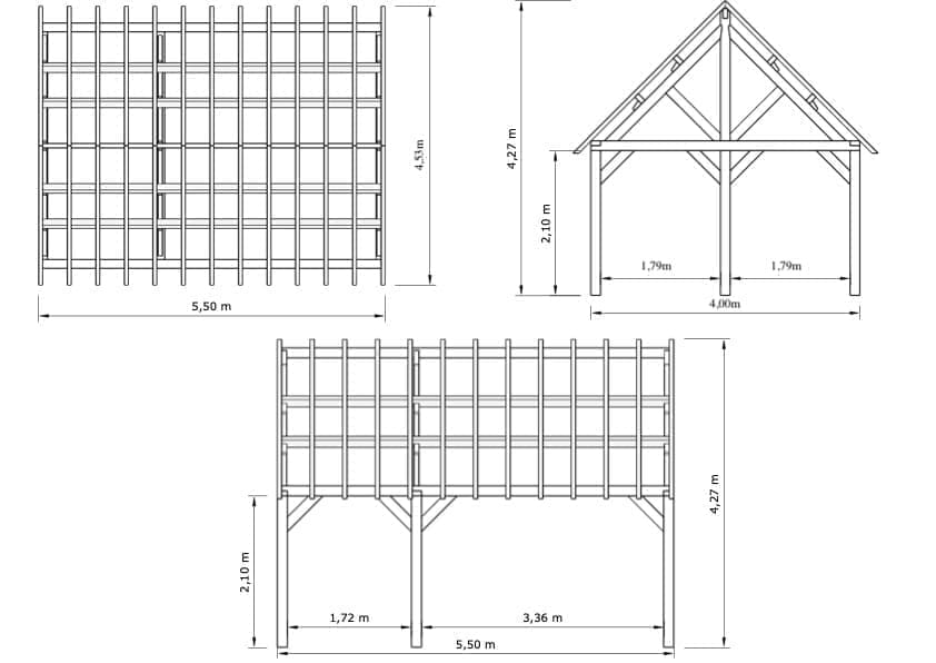 London Oak-Framed Garden Building – Sublime and Versatile – 5.5 × 4 m 2 London Oak-Framed Garden Building – technical drawing: floor plan, side elevation and cross-section