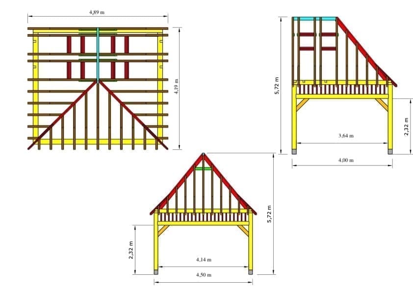 Edinburgh Oak-Framed Garden Building – Compact with an Authentic Look – 4.5 × 4 m 2 Edinburgh Oak-Framed Garden Building – technical drawing: coloured elevations and cross-section