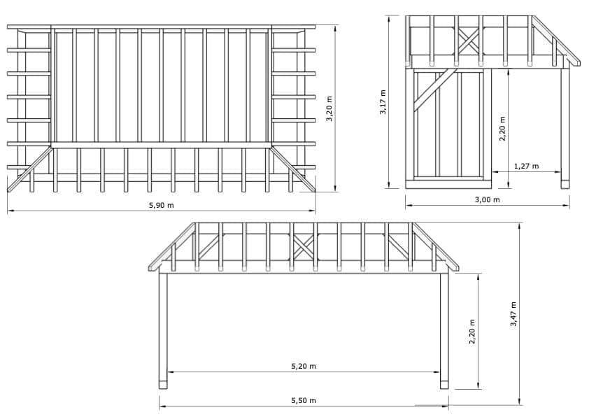 Glasgow Pine Garden Building – Compact Pavilion with a Light Look – 5.9 × 3.2 m 2 Glasgow Oak-Framed Garden Building – technical drawing: floor plan, side elevation and cross-section