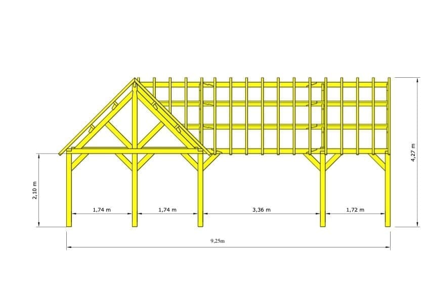 Liverpool Oak-Framed Garden Building – technical drawing: side elevation with roof truss