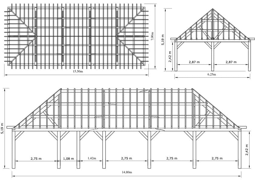 Birmingham Pine Garden Building – Monumental Open Structure with a Fresh Look – 15.5 × 7 m 2 Birmingham Oak-Framed Garden Building – technical drawing: floor plan, cross-section and side elevation