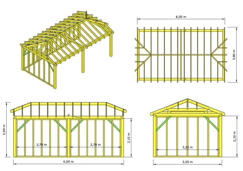 Southampton Oak-Framed Garden Building – Stylish Poolhouse for Luxury Outdoor Living – 6 × 3.5 m 2 Southampton Oak-Framed Garden Building – technical drawing: roof structure, floor plan and elevations