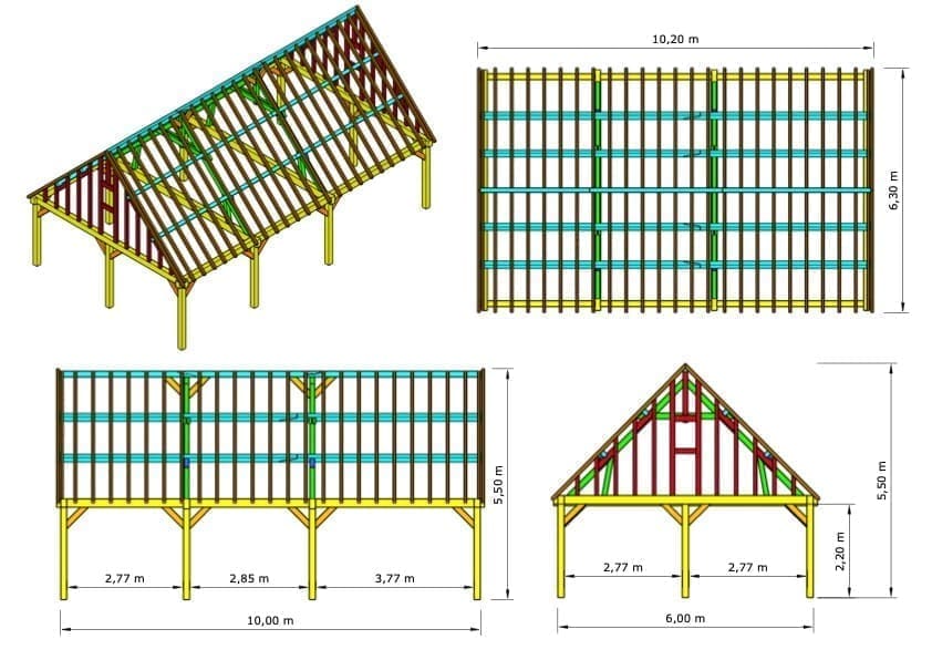 Aberdeen Oak-Framed Garden Building – Monumental Simplicity and Rural Allure – 6 × 10 m 2 Aberdeen Oak-Framed Garden Building – technical drawing: coloured roof extension and elevations