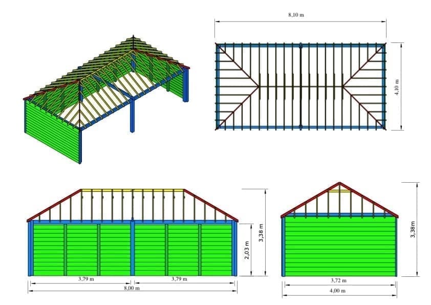 York Oak-Framed Garden Building – Durable Craftsmanship with a Timeless Look – 8 × 4 m 2 York Pine Garden Building – technical drawing: coloured roof plane and elevations