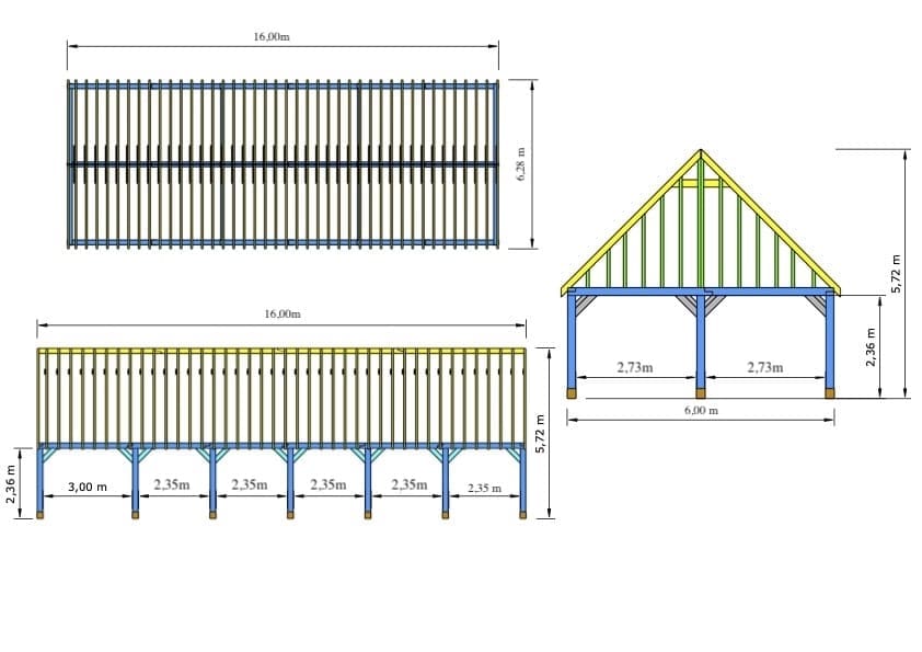 Leeds Oak-Framed Garden Building – Powerful Open Structure – 16 × 6 m 2 Leeds Pine Garden Building – technical drawing: front elevation, dwarsdoorsnede en side elevation