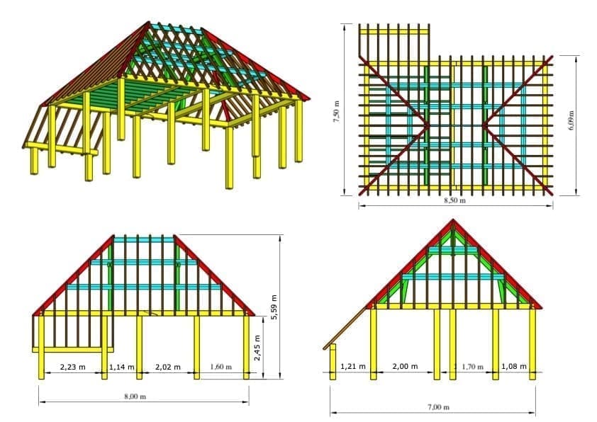 Cardiff Oak-Framed Garden Building – Luxurious and Classy with a Hipped Roof – 8 × 7 m 2 Cardiff Pine Garden Building – technical drawing: roof plan, floor plan and cross-sections