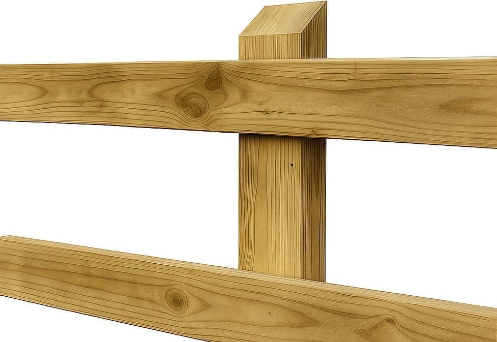 Budget Pine Pasture Fence – Affordable Class in Treated Pine 2 Budget Pine Pasture Fence – close-up of the joint between post and rail in pine