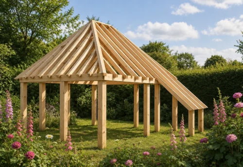 Annexe en pin Dijon avec toit à quatre pans et allure douce – 8 × 7 m