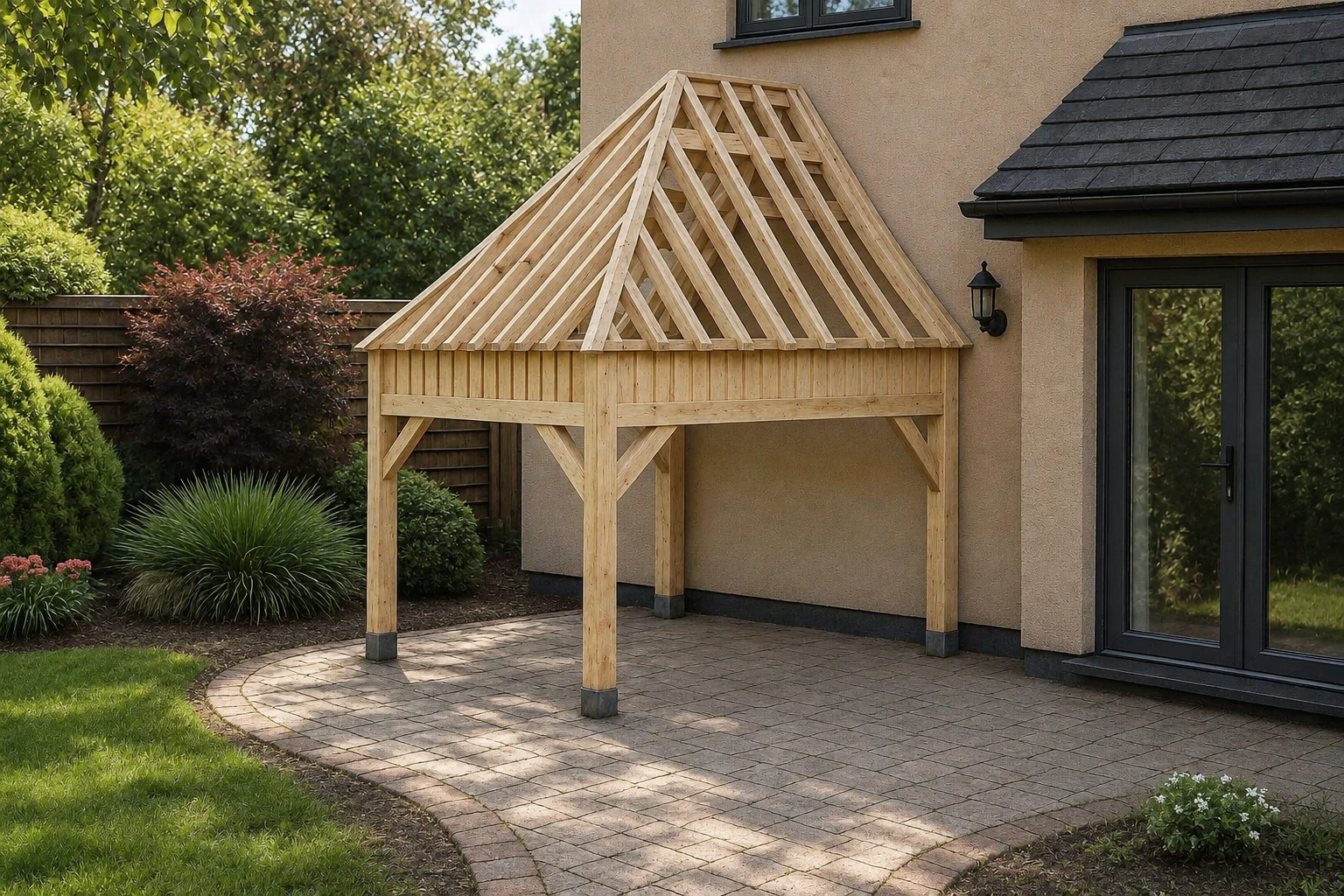 Kiefern-Gartenhaus Dortmund – Kompaktes Fachwerk mit erfrischender Ausstrahlung – 4,5 m x 4 m